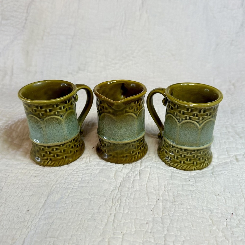 Vintage Norleans Japan Green Basketweave Coffee Mugs Cups Set Of 3 Stoneware